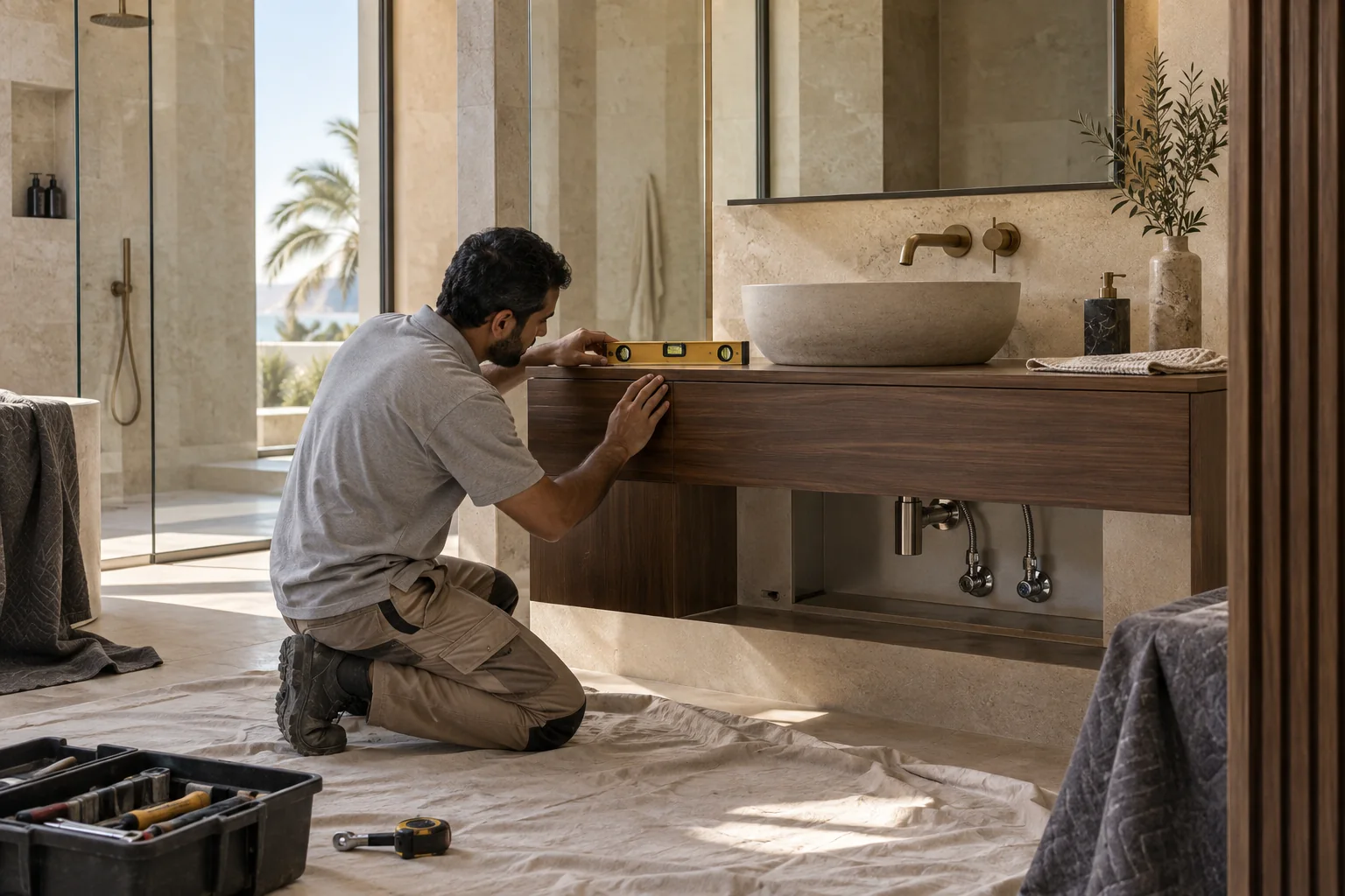 Illustrated fitting of a bathroom vanity