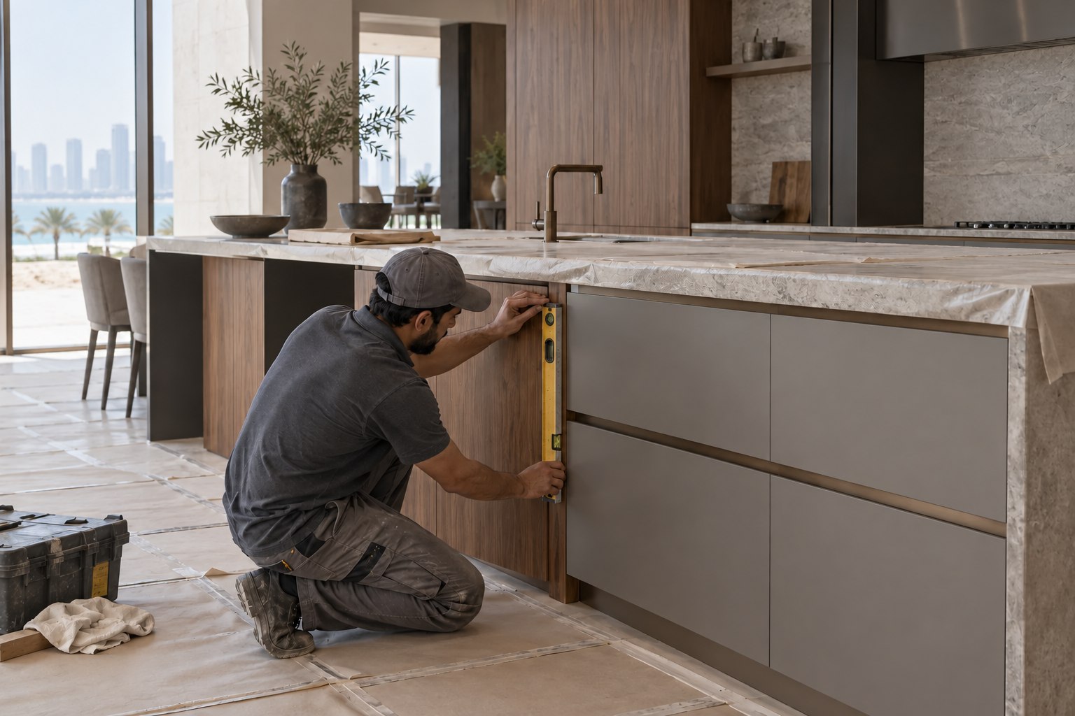 Illustrated levelling and fitting of kitchen cabinets