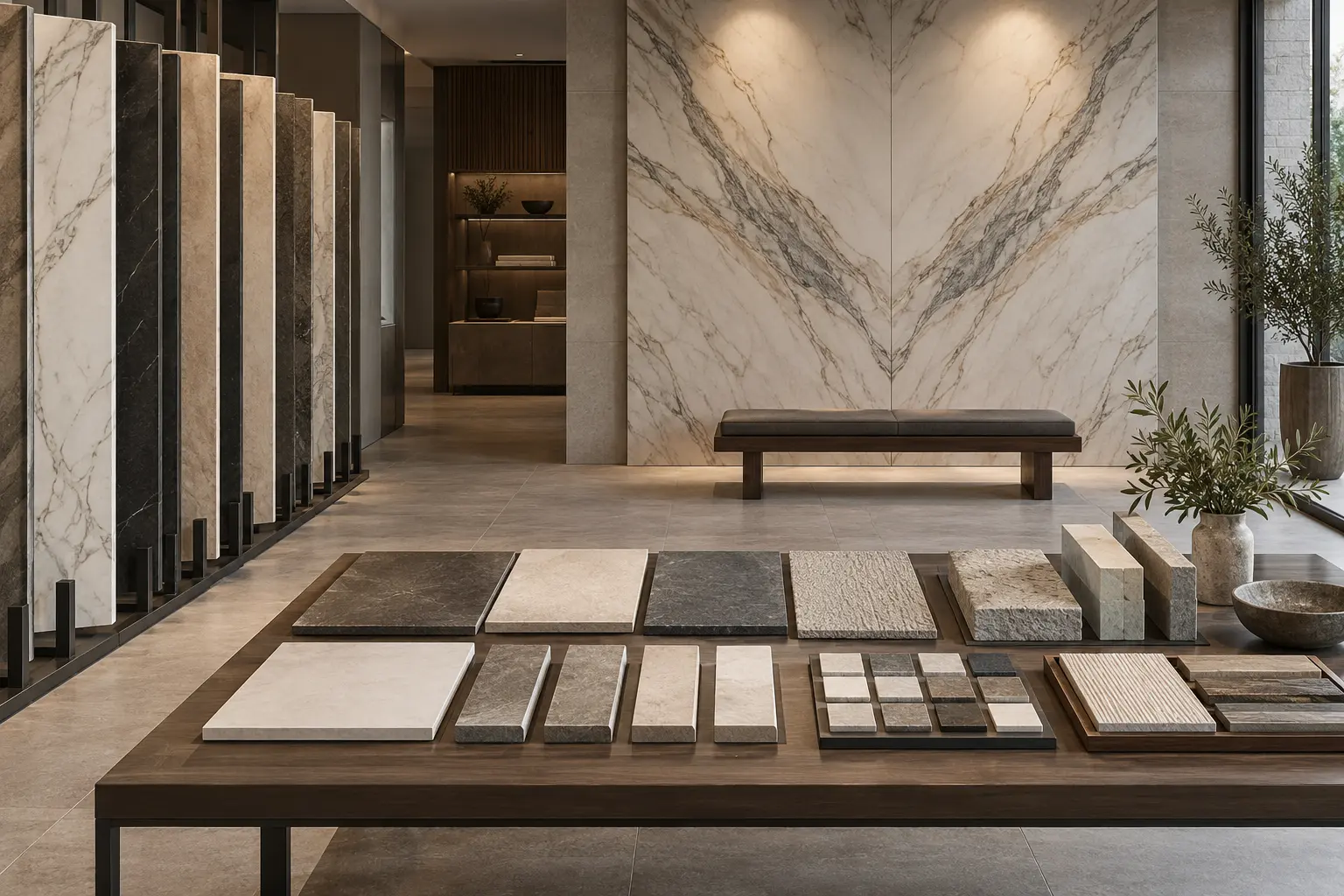 Tile and stone samples with edge and finish options