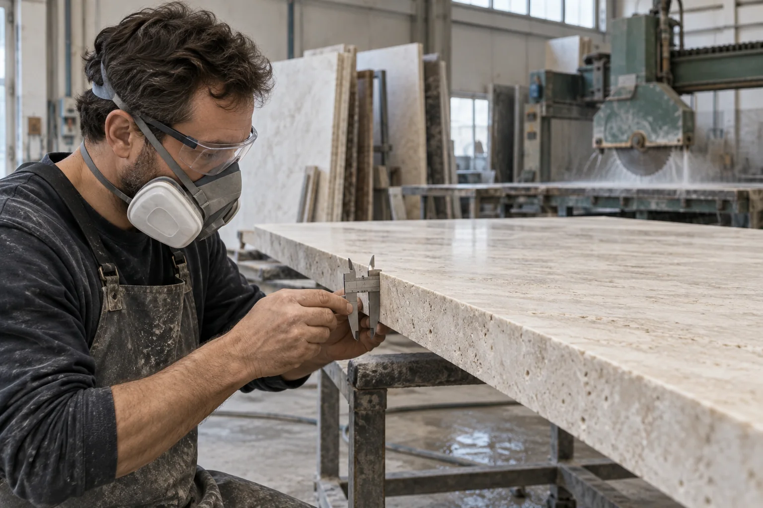 Illustrated inspection of a stone edge and thickness